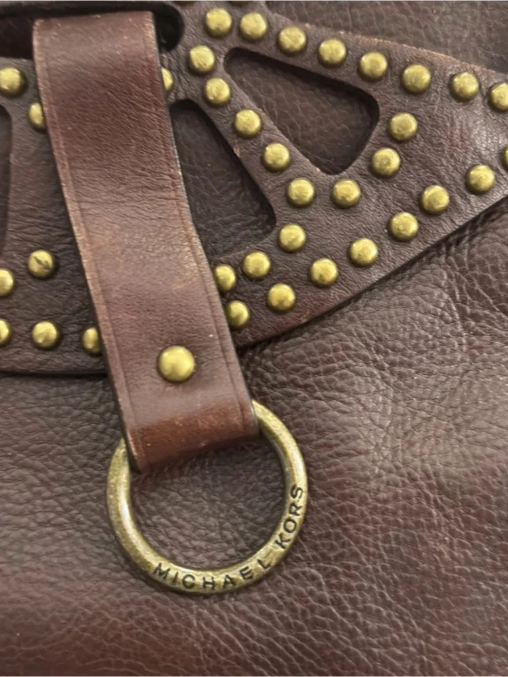 Michael Kors Dark Brown Leather Shoulder Bag with Gold Stud Accents